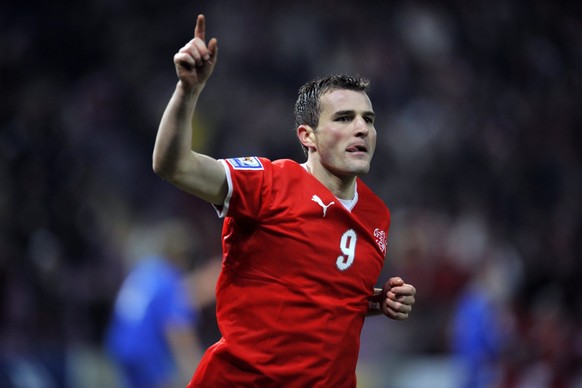 Swiss forward Alexander Frei reacts after scoring during the World Cup South Africa 2010 Group 2 qualifying soccer match between Switzerland and Moldova at the Stade de Geneve stadium in Geneva, Switz ...