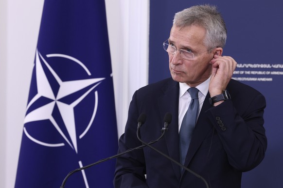 NATO Secretary General Jens Stoltenberg listens to Armenia&#039;s Prime Minister Nikol Pashinyan during joint statements after their meeting in Yerevan, Armenia, Tuesday, March 19, 2024. (Stepan Pogho ...