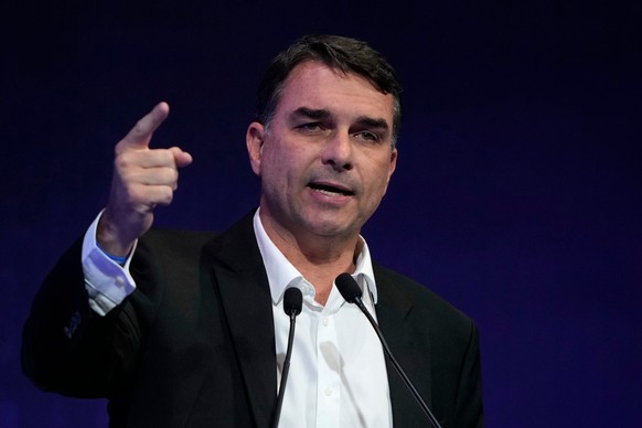 Presidential candidate Flavio Bolsonaro of the Liberal Party speaks at the "Brazil 2050: Industry on the presidential candidates agenda" event in Brasilia, Brazil, Monday, June 22, 2026. (AP ...