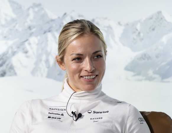 epa11682574 Lara Gut-Behrami of Switzerland attends the FIS Race Talk at the FIS Alpine Skiing World Cup season opener, in Soelden, Austria, 25 October 2024. EPA/JEAN-CHRISTOPHE BOTT