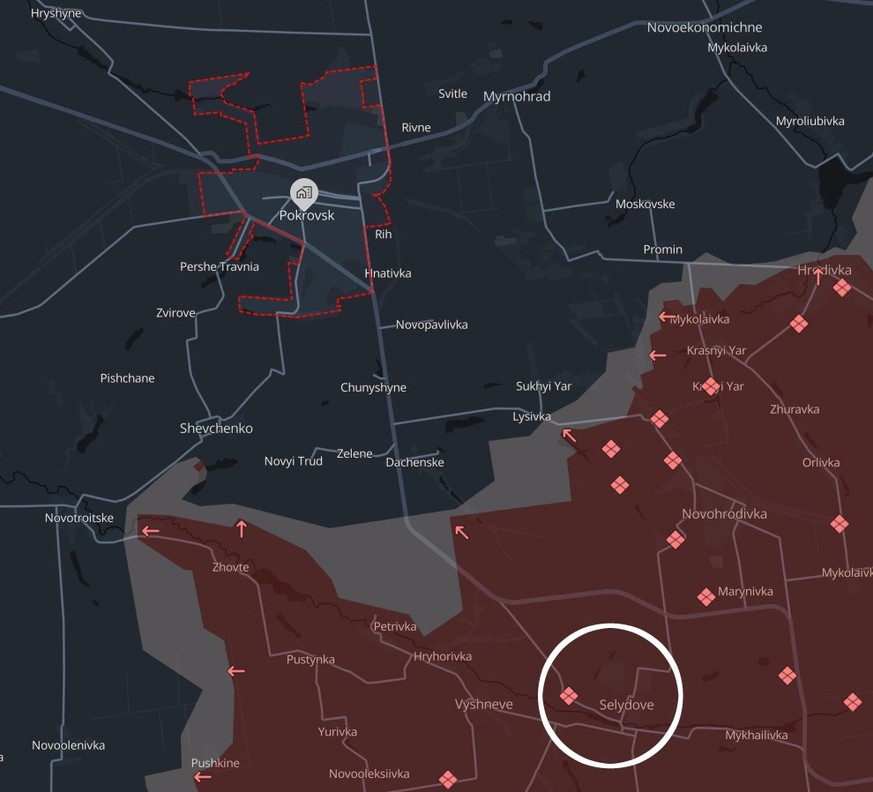 Selydove se trouve à environ 20 kilomètres de Pokrovsk et a entre-temps été prise par la Russie.