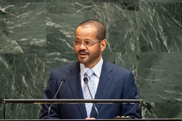 epa12411283 Foreign Minister of Oman Badr bin Hamad Al Busaidi speaks during the General Debate of the 80th session of the United Nations General Assembly at United Nations headquarters in New York, N ...