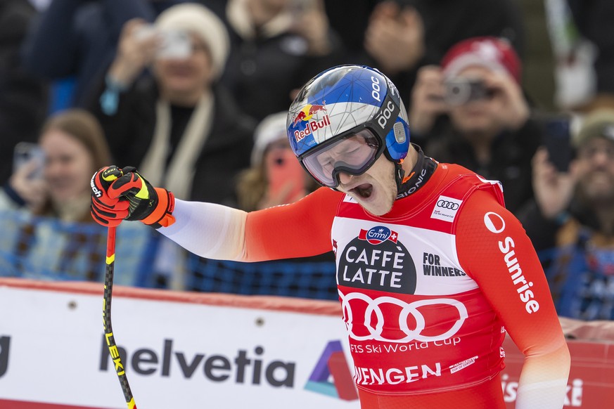 Marco Odermatt of Switzerland reacts in the finish area during the men's Downhill race at the Alpine Skiing FIS Ski World Cup, in Wengen, Switzerland, Saturday, January 17, 2026. (KEYSTONE/Peter  ...