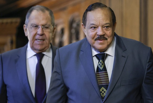 epa11890164 Russian Foreign Minister Sergei Lavrov (L) and his Sudanese counterpart Ali Youssef Ahmed Al-Sharif attend a press conference following their meeting in Moscow, Russia, 12 February 2025. E ...