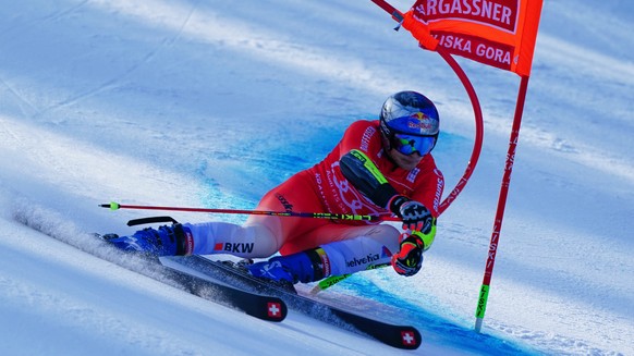 Switzerland's Marco Odermatt competes during an alpine ski, men's World Cup giant slalom, in Kranjska Gora, Slovenia, Saturday, March 7, 2026. (AP Photo/Pier Marco Tacca)
Marco Odermatt