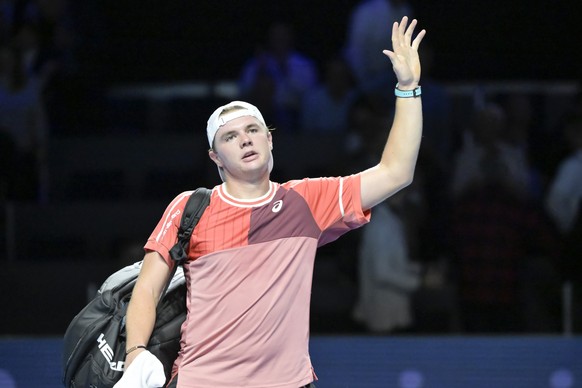 Switzerland&#039;s Dominic Stricker after losing his quarter finals match against France&#039;s Ugo Humbert at the Swiss Indoors tennis tournament at the St. Jakobshalle in Basel, Switzerland, on Frid ...