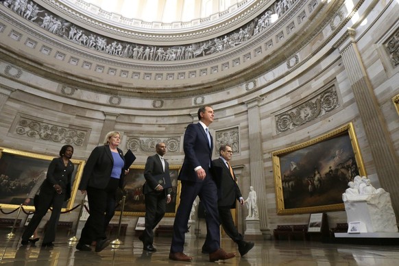 From Left, Rep. Val Demings, D-Fla., Rep. Rep. Zoe Lofgren, D-Calif., Rep. Hakeem Jeffries, D-N.Y., House Intelligence Committee Chairman Adam Schiff, D-Calif., and House Judiciary Committee Chairman, ...