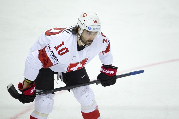 Switzerland&#039;s forward Andres Ambuehl prepare his face-off, during the IIHF 2021 World Championship preliminary round game between Belarus and Switzerland, at the Olympic Sports Center, in Riga, L ...