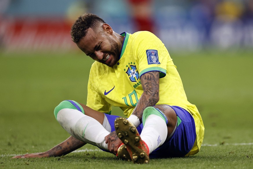 LUSAIL CITY - Neymar of Brazil has pain in his right ankle during the FIFA World Cup Qatar 2022 group G match between Brazil and Serbia at Lusail Stadium on November 24, 2022 in Lusail City, Qatar. AP ...