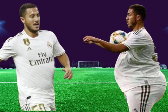 Le vrai (à gauche) Eden Hazard et le mème (à droite).