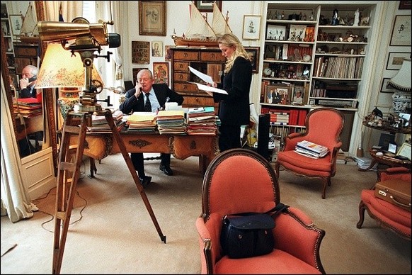 Marine in her father's office in Montretout, with her father Jean-Marie Le Pen in 2002. (Photo by Pierre-Olivier CALLEDE/Gamma-Rapho via Getty Images)