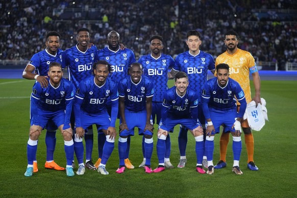 Al Hilal team poses for the official photo before the FIFA Club World Cup final match between Real Madrid and Al Hilal at Prince Moulay Abdellah stadium in Rabat, Morocco, Saturday, Feb. 11, 2023. (AP ...