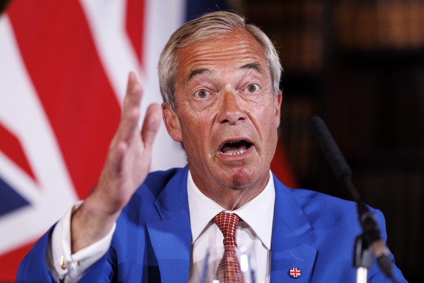epa13148343 Reform UK leader Nigel Farage attends a press conference in central London, Britain, 03 August 2026. Reform UK leader Nigel Farage will stand in the Clacton by-election on 13 August to win ...