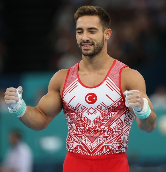 PARIS, FRANCE - JULY 27: Ibrahim Colak of Team Turkiye reacts after his routine on the high bar during the Artistic Gymnastics Men&#039;s Qualification on day one of the Olympic Games Paris 2024 at Be ...