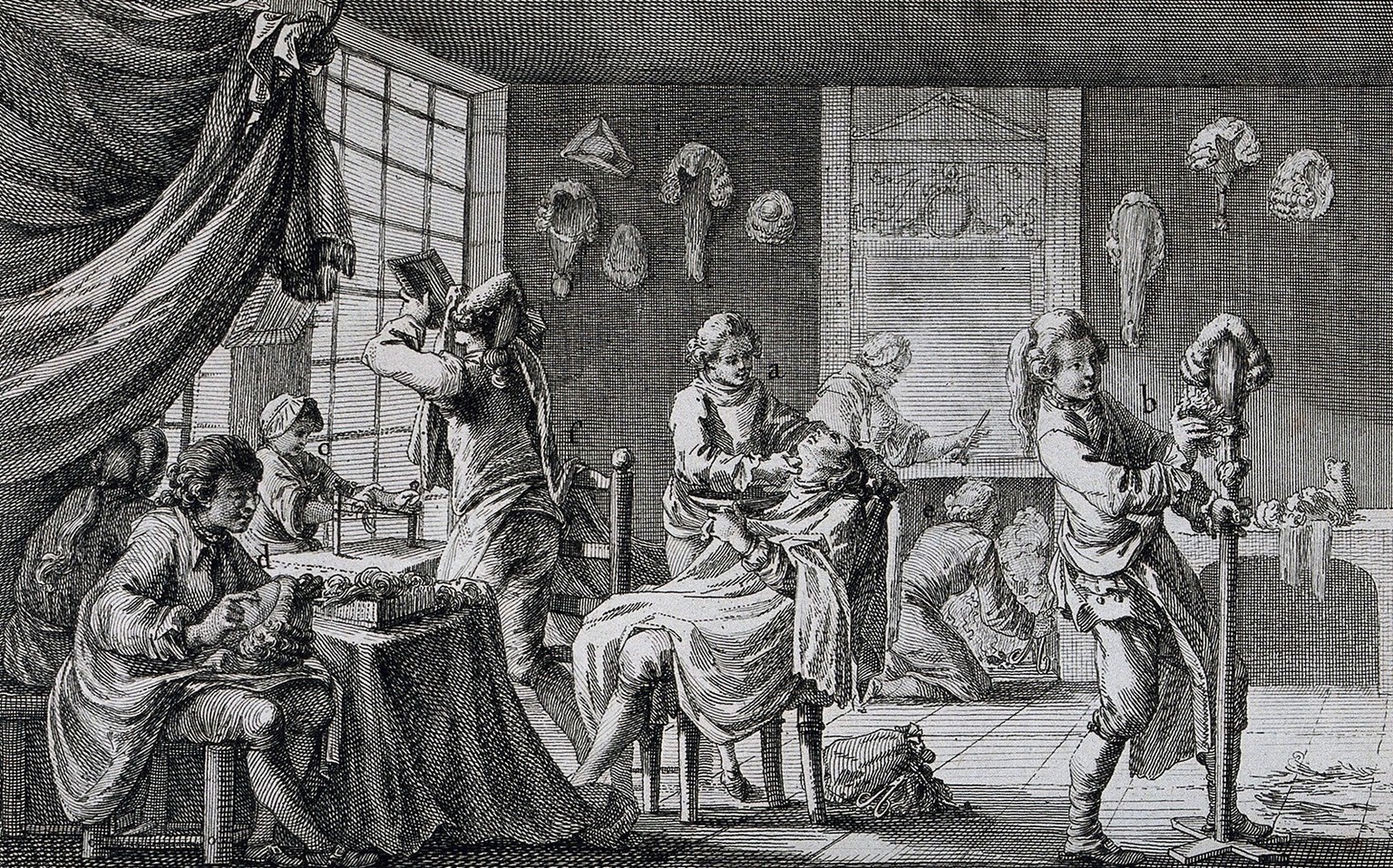 L’atelier du perruquier faisait aussi souvent office de salon de barbier et de coiffure. Gravure de 1762.
https://wellcomecollection.org/works/nwq7nnwe