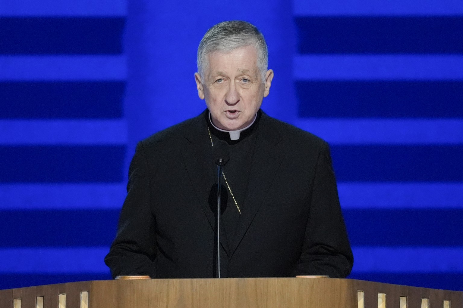 Archbishop of Chicago Blase Joseph Cupich speaking during the first day of the Democratic National Convention Monday, Aug. 19, 2024, in Chicago. (AP Photo/J. Scott Applewhite)