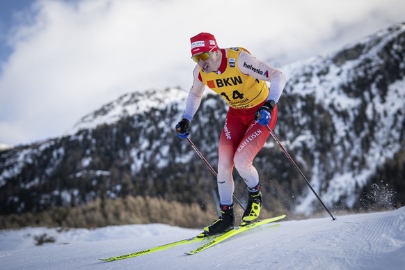 Janik Riebli of Switzerland during the cross country skiing sprint world cup, on Saturday, January 25, 2025, in Silvaplana, Switzerland. (KEYSTONE/Gian Ehrenzeller)