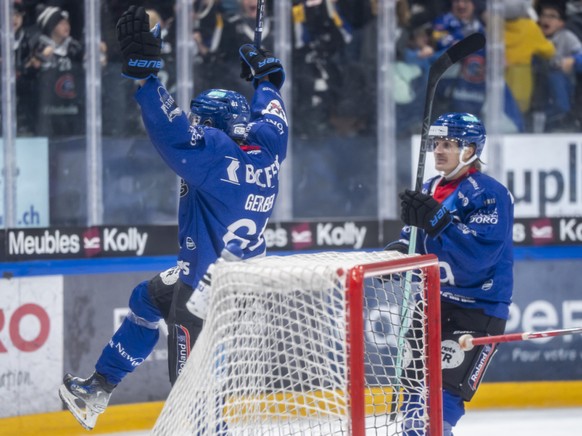 La joie de Jeremi Gerber (à gauche), auteur du but de la victoire pour Gottéron