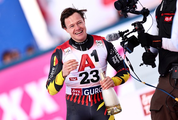 epa12541927 Armand Marchant of Belgium celebrates in the finish area after placing second in the Men&#039;s Alpine Skiing World Cup Slalom in Gurgl, Austria, 22 November 2025. EPA/ANNA SZILAGYI