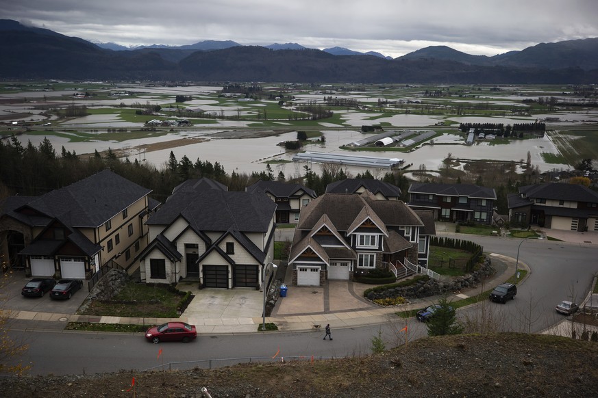 A person walks a dog in a residential neighborhood on a mountain overlooking flooded farmland in Abbotsford, British Columbia, Wednesday, Dec. 1, 2021. (Darryl Dyck/The Canadian Press via AP)