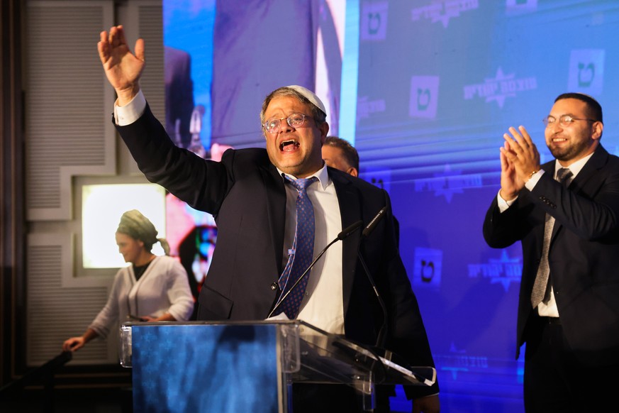 FILE - Israeli far-right lawmaker Itamar Ben-Gvir gestures after election exit poll results are released at his party's headquarters in Jerusalem on Nov. 2, 2022. (AP Photo/Oren Ziv, File)
Itamar ...