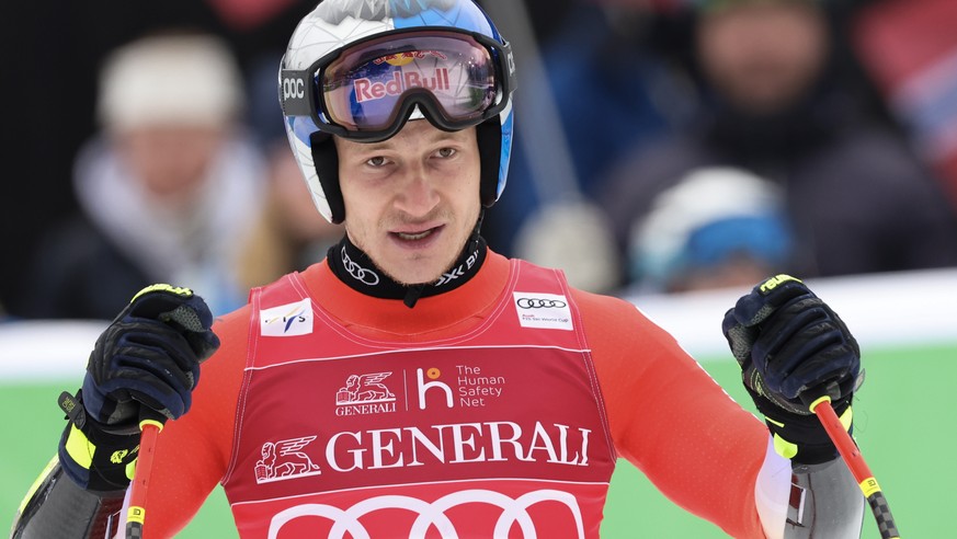 epa11950807 Marco Odermatt of Switzerland reacts in the finish area during the Men&#039;s Super G at the FIS Alpine Skiing World Cup in Kvitfjell, Norway, 09 March 2025. EPA/GEIR OLSEN NORWAY OUT
