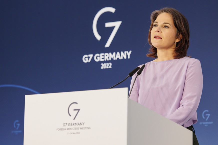 epa09946322 German Foreign Minister Annalena Baerbock speaks during a press conference after the meeting of foreign ministers of the G7 member states at the Schlossgut Weissenhaus venue near Oldenburg ...