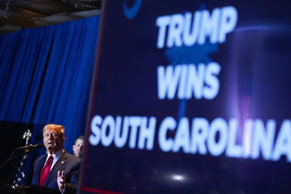 Republican presidential candidate former President Donald Trump speaks at a primary election night party at the South Carolina State Fairgrounds in Columbia, S.C., Saturday, Feb. 24, 2024. (AP Photo/A ...