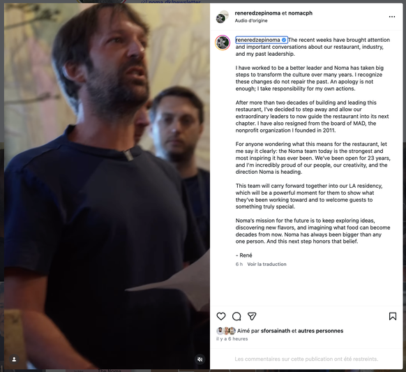 Le communiqué de René Redzepi, publié jeudi.