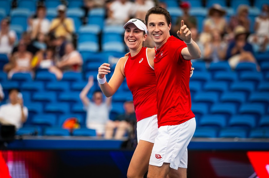 SYDNEY, AUSTRALIA - JANUARY 10: Belinda Bencic of Switzerland and Jakub Paul of Switzerland in action during the deciding doubles match of the semi-final tie on Day 9 of the United Cup at Ken Rosewall ...