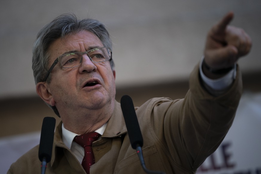 French far-left leader Jean-Luc Mélenchon gives a speech in Marseille, southern France, Friday, June 10, 2022. Leftist parties that had nearly disappeared from the French political landscape have grow ...