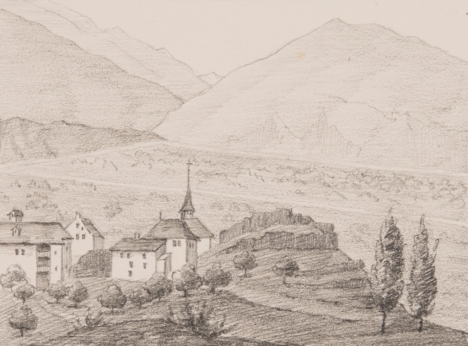 La ville de Conthey, tombée aux mains des Valaisans après la bataille de Planta, dans un croquis datant de 1868. Au premier plan, la ruine du château des comtes de Savoie, détruit en 1475.
https://per ...