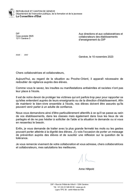 Face à l&#039;augmentation des actes antisémites dans les écoles genevoises, le Département de l&#039;instruction publique a réagi en envoyant un courrier au personnel des établissements scolaires.