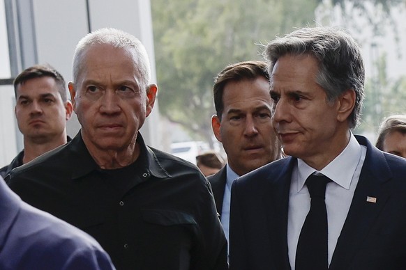 CORRECTS ID TO YOAV GALLANT U.S. Secretary of State Antony Blinken and Israeli Defense Minister Yoav Gallant, left, walk as they meet during Blinken&#039;s week-long trip aimed at calming tensions acr ...