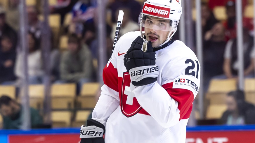 Switzerland's forward Kevin Fiala reacts, during the IIHF 2025 World Championship preliminary round group B game between USA and Switzerland, at the Jyske Bank Boxen, in Herning, Denmark, Monday, ...
