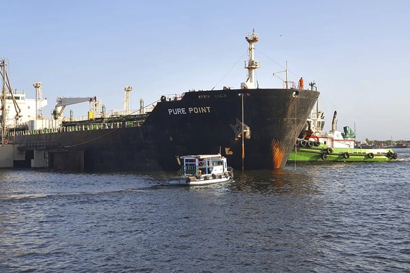 In this photo released by Karachi Port Trust, a Russian oil cargo carrying discounted crude, is anchored at a port, in Karachi, Pakistan, Sunday, June 11, 2023. The Pakistani government on Monday welc ...