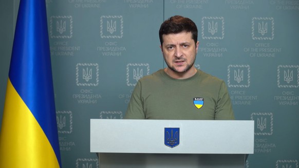 epa09799017 A still image taken from a handout video released by the Ukrainian Presidential Press Service on 03 March 2022 shows Ukrainian President Volodymyr Zelensky making a statement in Kiev, Ukra ...