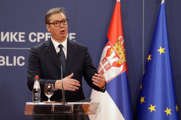 epa10097625 Serbian President Aleksandar Vucic speaks during a press conference with Spanish Prime Minister after their meeting in Belgrade, Serbia, 29 July 2022. Prime Minister Sanchez is on an offic ...