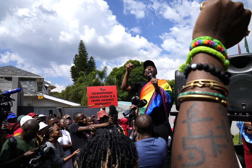 FILE - The Economic Freedom Fighters (EFF) leader Julius Malema speaks during their picket against Uganda&#039;s anti-homosexuality bill at the Ugandan High Commission in Pretoria, South Africa on Apr ...