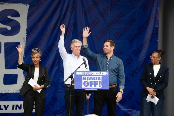Ilhan Omar, Don Beyer, Lateefah simon, Eric Swalwell during the &#039;&#039;Hands Off&#039;&#039; rally against the Trump administration&#039;s policies on April 5, 2025. (Photo by Zach D Roberts/NurP ...