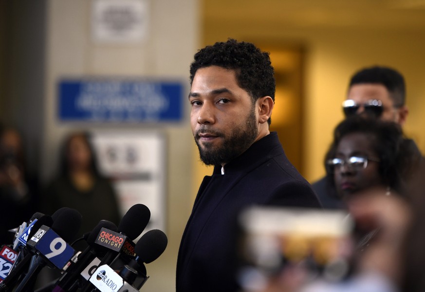 FILE - In this Tuesday, March 26, 2019, file photo, actor Jussie Smollett talks to the media before leaving Cook County Court after his charges were dropped, in Chicago. An attorney hired by Smollett  ...