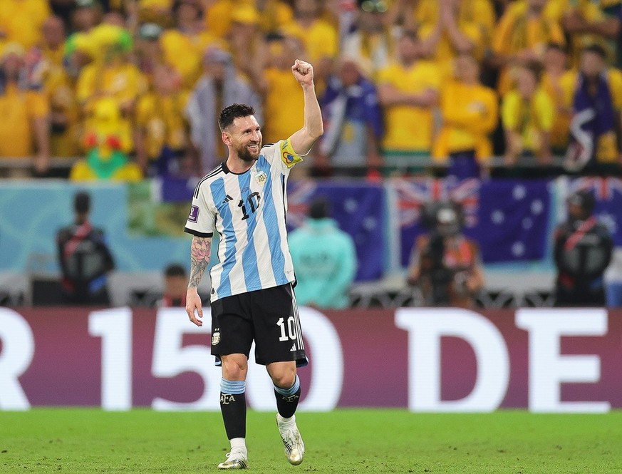 epa10346759 Lionel Messi of Argentina celebrates after scoring the 1-0 lead during the FIFA World Cup 2022 round of 16 soccer match between Argentina and Australia at Ahmad bin Ali Stadium in Doha, Qa ...