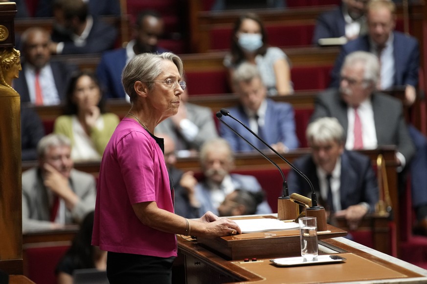 French Prime Minister Elisabeth Borne delivers a speech at the National Assembly, in Paris, France, Wednesday, July 6, 2022. Borne lay out her main priorities at parliament after the government lost i ...