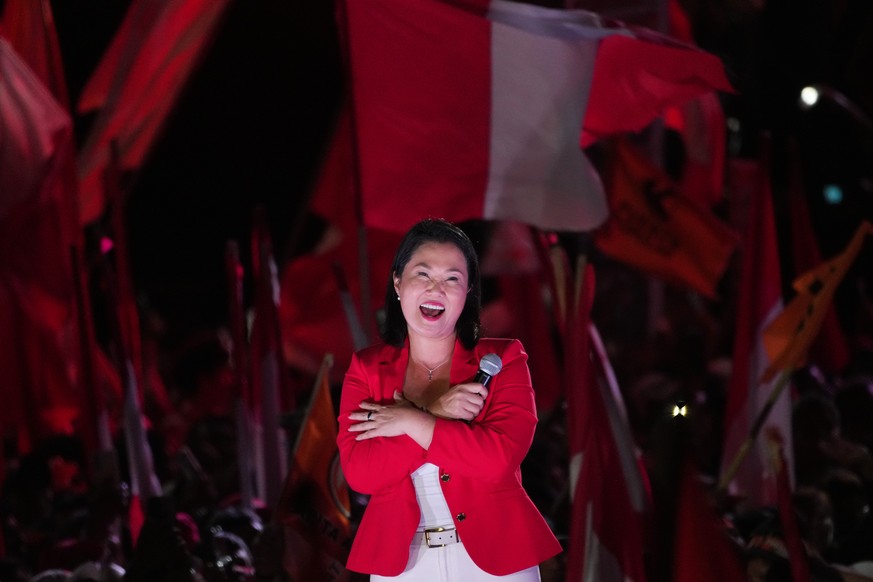 Presidential candidate Keiko Fujimori addresses supporters during a closing campaign rally in Lima, Peru, Thursday, June 4, 2026. (AP Photo/Rodrigo Abd)
Keiko Fujimori