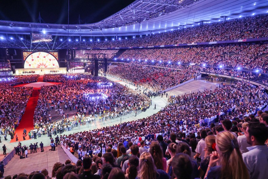 Pope Leo XIV upon his arrival in the popemobile at the Stade de France in Saint-Denis, on the outskirts of Paris, on September 25, 2026, to lead a prayer vigil with young people as part of his four-da ...