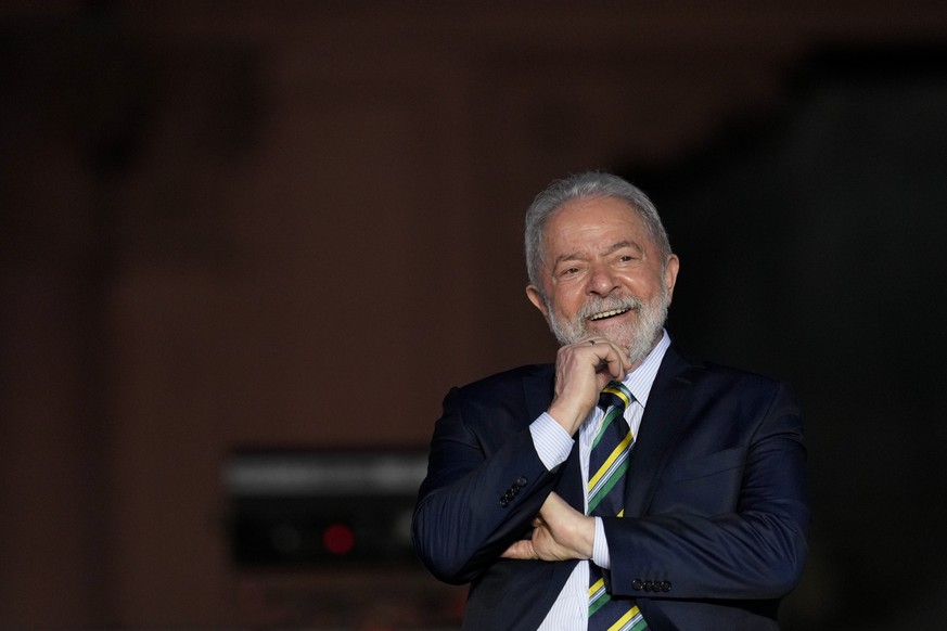 Former Brazilian President Luiz Inacio Lula da Silva smiles at an event celebrating the 38th anniversary of democracy's return to the country in Buenos Aires, Argentina, Friday, Dec. 10, 2021. (A ...