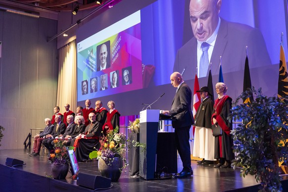 Alain Berset, Secretaire General du Conseil de l&#039;Europe et ancien conseiller federal, parle lors du Dies academicus de l&#039;Universite de Fribourg ce samedi 15 novembre 2025 a Fribourg. L&#039; ...