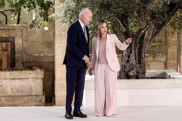 FASANO, ITALY - JUNE 13: Italy's Prime Minister Giorgia Meloni welcomes US President Joe Biden during the first day of the G7 meeting at Borgo Egnazia resort, on June 13, 2024 in Fasano, Italy. ( ...