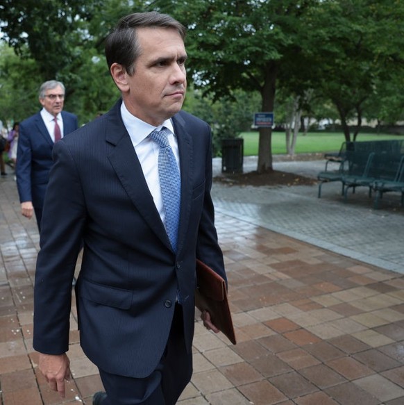 WASHINGTON, DC - AUGUST 28: Attorney for former U.S. President Donald Trump Todd Blanche (R) departs the E. Barrett Prettyman U.S. Court House August 28, 2023 in Washington, DC. Blanche attended a sta ...