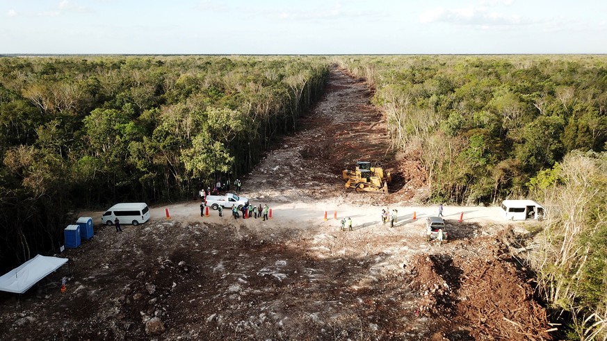 epa09856834 Aerial picture taken with a drone shows the impact of the construction works of section 5 of the Maya Train in Playa del Carmen, Quintana Roo state, Mexico, 28 March 2022. Activists from t ...